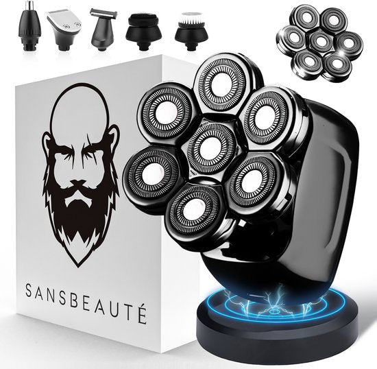 Sansbeauté® Skull Sharp PRO 6-in-1 Herrenrasierer - Nass & Trocken - Gesichts- und Kopfrasierer - Kabelloses Aufladen - Inkl. Aufsätze