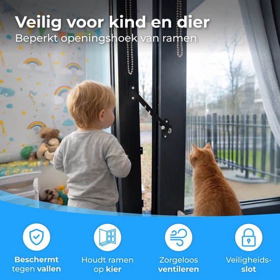 Nuvance Fensterhebel – Fensterarretierung – Kippfensterhalter – Windhaken – 5 Positionen – Fensterschloss – Windhaken – Kindersicherung – Schwarz