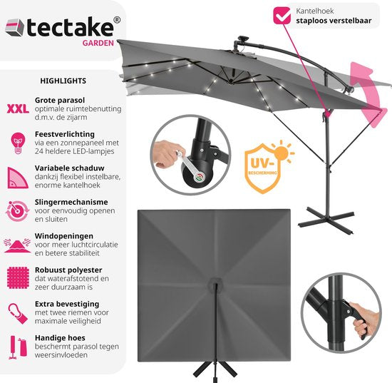 tectake Rechteckiger Sonnenschirm - Mit Solar-LED-Beleuchtung - Inkl. Schutzhülle - Schwebender Sonnenschirm - Sonnenschutz Terrasse, Garten - Balkon Sonnenschirm - Großer Sonnenschirm - 250x300cm - Grau