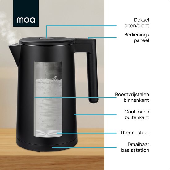 MOA Wasserkocher - Mit Temperaturkontrolle - 1,7 Liter - Doppelwandig - Warmhaltefunktion - Elektrisch - 2200W - Schwarz