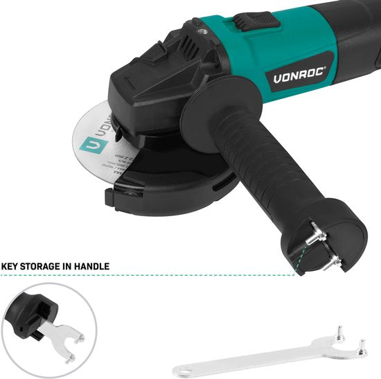 VONROC Winkelschleifer 900W - Ø125mm - 11.000 U/min - inkl. Seitengriff für Links- und Rechtshänder - 3 Meter Kabel - exkl. Schleifscheibe