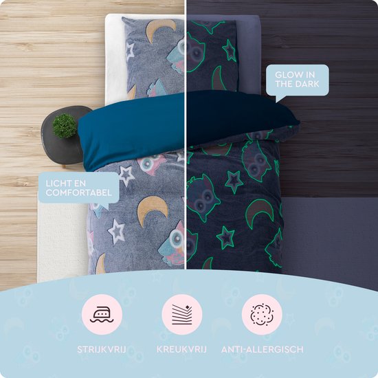 Sleeptime Glow in the dark Night Owl Bettbezug - 140X200/220 + 1 x Kopfkissenbezug 60x70 - Blau