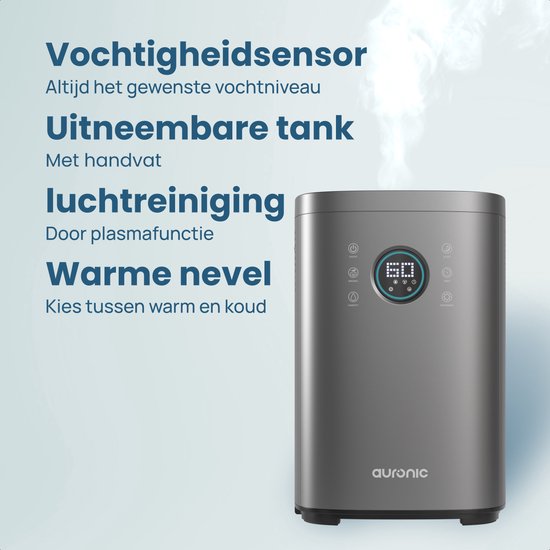 Auronic Luftbefeuchter - 4 Liter - 40m2 - Geeignet für Wohnzimmer, Büro, Schlafzimmer, Babyzimmer und mehr - Mit Aromatherapie - BPA-frei - Grau