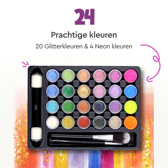 Partizzle Komplettes Bio Glitter Tattoo Set - Mädchen / Jungen - Schminkschablonen, Kleber und Pinsel - Face Fake Neon Tattoos Bastelset - Karneval Geschenk Basteln für Kinder - 24 Farben / Biologisch abbaubar