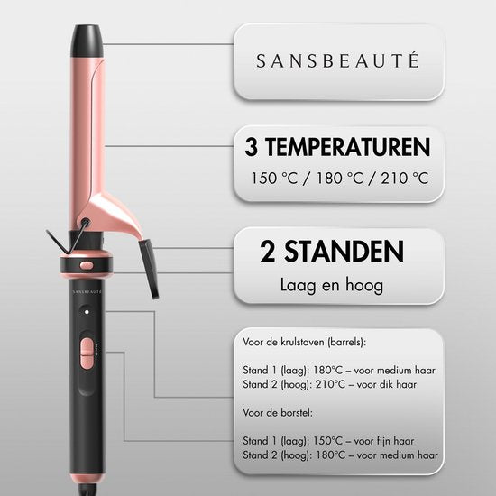 Sansbeauté® 7 in 1 Lockenstab - Mit Klemme und Waffelzange - Keramik-Lockenstab - 13mm bis 38mm - Für kurzes Haar - Wärmebürste - Lockenzange - Thermobürste - Haarstyler