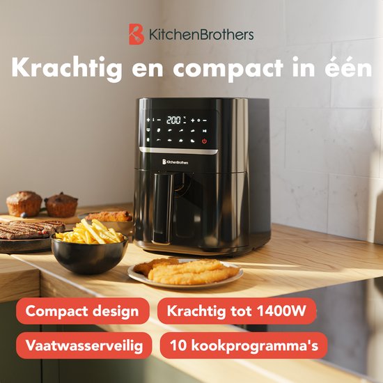 KitchenBrothers Airfryer - 3.3L - 1400W - Heißluftfritteuse - 50ºC bis 200ºC - Kompakt - 10 Kochprogramme - Schwarz