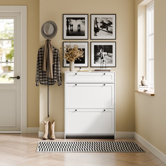 SoBuy - Schuhschrank mit 1 Schublade - 80 x 19 x 107 cm & mit 2 Kipptüren - ausgestattet mit Anti-Kipp-System und Silikonfüßen - für schmale Flure und Eingänge - weißes Mdf