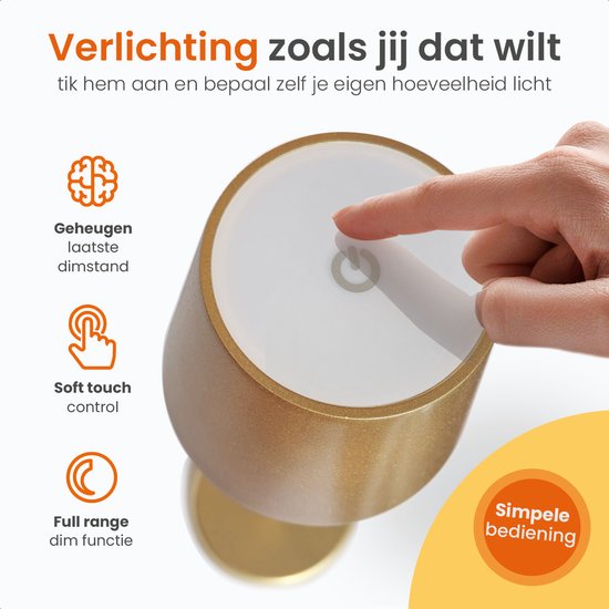 Goliving Essence Tischlampe Wiederaufladbar - 2 Stück - Kabellos und dimmbar - Moderne Touch-Lampe - Nachtlampe für das Schlafzimmer - 38 cm - Gold