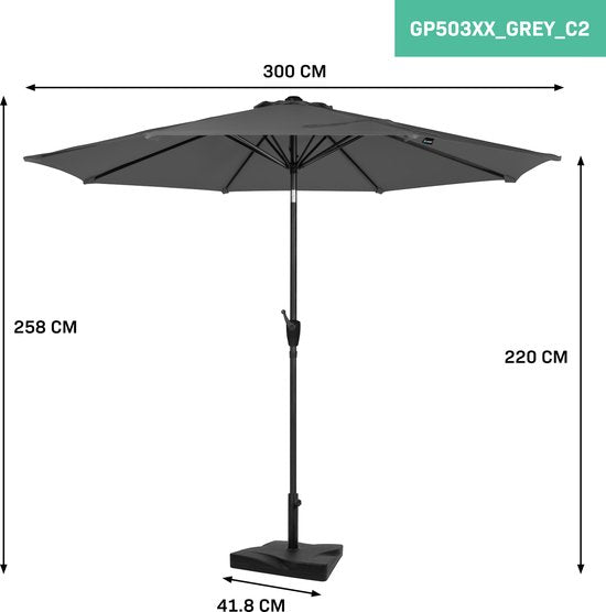 VONROC Premium Stick Sonnenschirm Recanati Ø300cm - Inkl. Sonnenschirmfuß & Schutzhülle - Runder Sonnenschirm - Neigbar - UV-beständiges Tuch - Grau