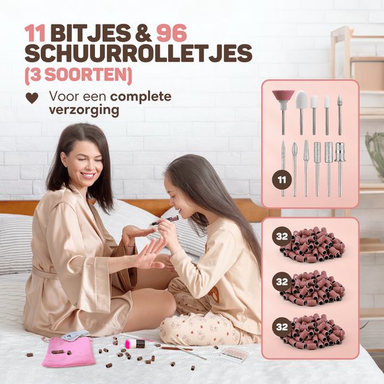 Vulpes Goods® BeautyCare - Elektrische Nagelfeile - Schnurlos & wiederaufladbar - 11 Nagelschleiferbits und 96 Schleifrollen und Tragetasche - Maniküre und Pediküre Set - PRO Version