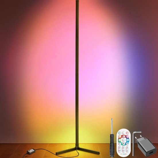 tectake® Smart LED Stehleuchte Spectra - Eckleuchte mit 16 Millionen Farben - 200 Lichteffekte - Smart Stehleuchte - 145 cm - dimmbar - Steuerung per App, Fernbedienung, Knopf und Stimme - Stehleuchte für das Wohnzimmer - Atmosphere Lighting