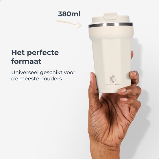Castagnola Thermosbecher - Kaffeebecher To Go - Reisebecher für Kaffee und Tee - Teebecher - 380 ML - Edelstahl - Offwhite - Octagon