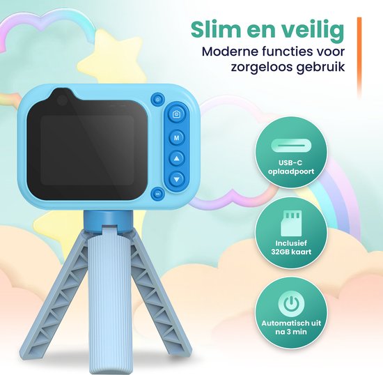 ODESSEY Wasserdichte Kinderkamera - mit Stativ - Full HD - Selfie Kamera - 32GB SD Karte - Foto - Video - Spiele - Digitalkamera Kinder - Fotokamera für Kinder - Blau