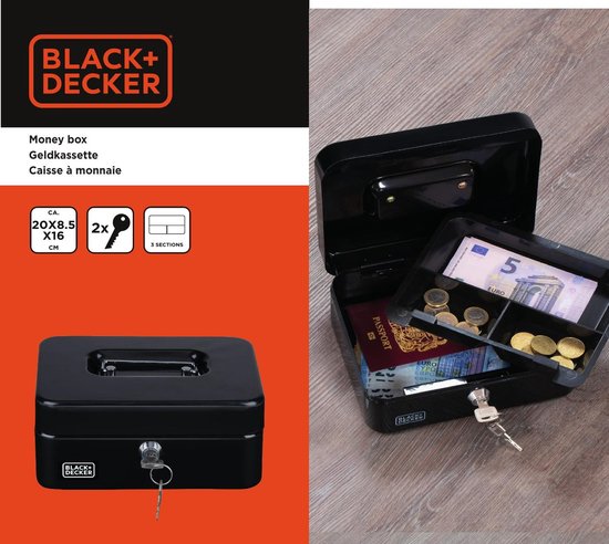 Black & Decker Spardose mit 2 Schlüsseln - schwarz - Stahl - Münzbox - 20 x 16 x 9 cm - Einbruchschutztresor