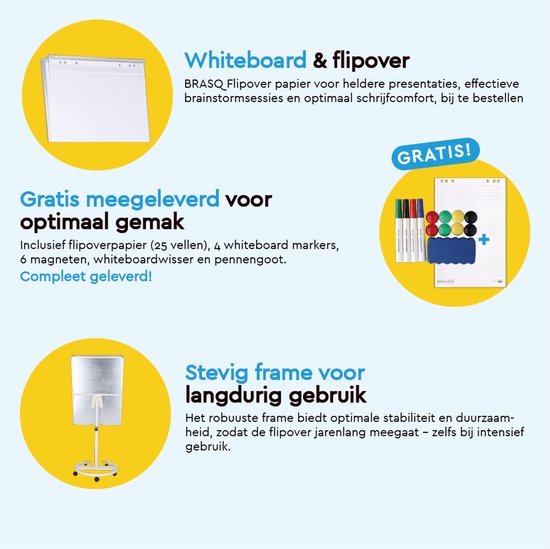 BRASQ Flipchart Mobile Deluxe - 70x100 cm - Verstellbares Whiteboard - Inklusive 25 Blatt Papier und Zubehör - mit ausziehbaren Armen - Magnettafel mit Haken - Magnettafel - Weiß