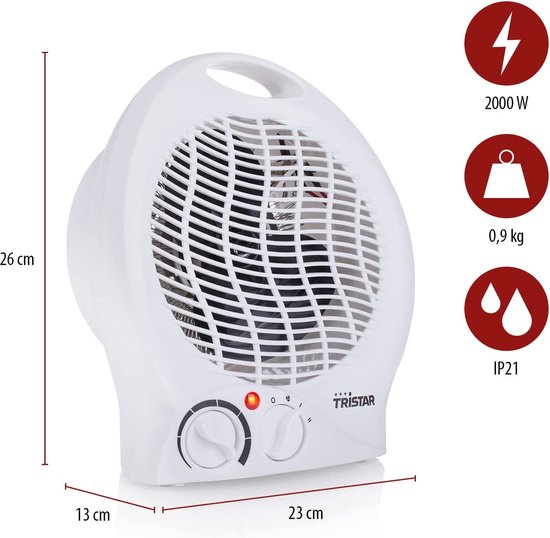 Elektrokocher Tristar KA-5039 - 2 Heizstufen - Kompaktkocher mit Ventilator - Campingkocher - Heizbereich bis zu 25 m² - 2000W - Weiß