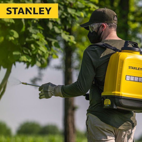 Stanley Drucksprühgerät 12 L hinten, Rückensprühgerät Garten, Drucksprühgerät, elektrisch, wiederaufladbare Lithium-Batterie, Teleskoplanze, verstellbare Düse, Autonomie 2 h, max 5 bar, 0,60 l/Minute, gelb/schwarz