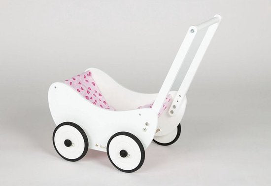 Pinolino Holzpuppenwagen „Trixi“ – Niedliche und langlebige Wiege – Massives Buchenholz mit Bettdecke „Herzen“ – weiß