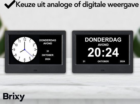 Brixy Demenz-Uhr - 24 Alarmfunktionen - Inkl. Fernbedienung - Automatische Dimmfunktion - Kalenderuhr - Schwarz