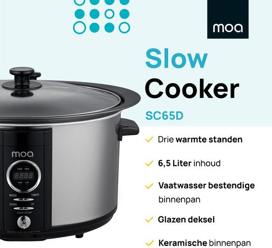 MOA Slowcooker mit Timer - 6,5L - Ø 24,5cm - Aluminium Innenbehälter - Transparenter Deckel - 3 Heizstufen - Spülmaschinenfest - BPA-frei - Edelstahl