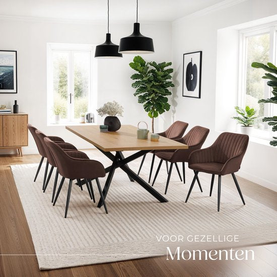 tectake® Esszimmerstuhl Marilyn - Polsterstuhl in Samtoptik - Nahtmuster - Schwarze Stuhlbeine - Ergonomischer Küchenstuhl - Mit durchgehender Rückenlehne und Armlehnen - Stuhl für Wohnzimmer, Esszimmer, Schlafzimmer - Braun