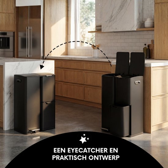 Bayt Mülleimer - Mülleimer 60 Liter - Mülleimer 60 Liter - Treteimer 60 Liter - Mülleimer Mülltrennung - Mülleimer 3 Fächer - Mülleimer - Edelstahl - Schwarz