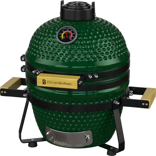 KitchenBrothers Kamado BBQ - 13 Zoll Holzkohlegrill - 27⌀ cm - PFAS-frei - Deluxe Set - Eiergrill mit Zubehör inklusive Abdeckung - Grün