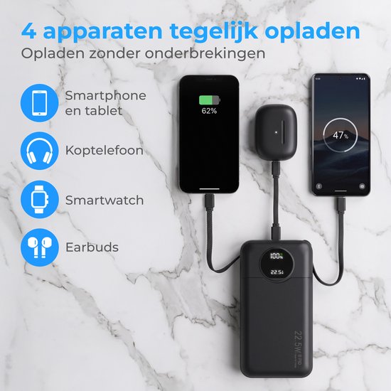 Nuvance Powerbank 20000 mAh – 22,5 W Schnellladegerät mit USB-C und 8-Pin-Anschluss – Notfallpaket – 2 Anschlüsse – 2 integrierte Kabel – Powerbank