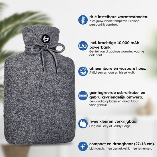Elektrische Kanne - 3 Einstellungen - Kanne - 10.000 mAh Powerbank - Waschbare Hülle - Wiederaufladbare Kanne - Original Grau - Saaf Comfort