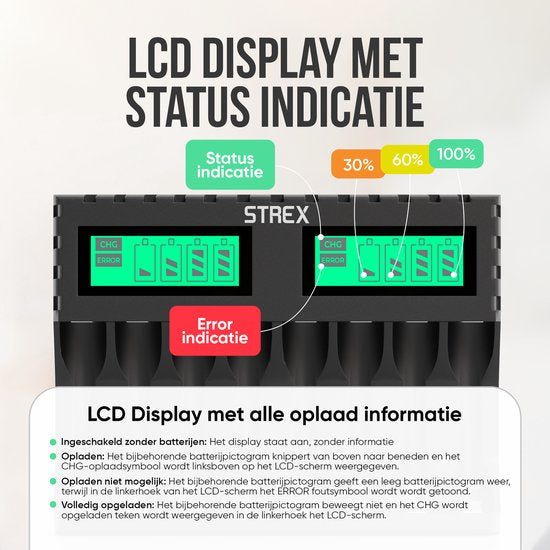 Strex Batterieladegerät - 8x AA/AAA-Batterien - USB aufladbar - LCD-Display - Für wiederaufladbare Batterien - Schwarz