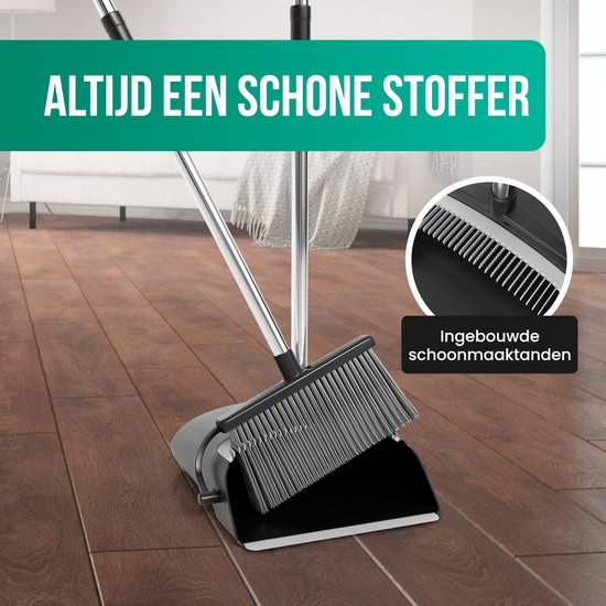Avalo Kehrschaufel und Bürste mit langem Stiel - Verstellbar 87-127cm - Integrierte Reinigungszähne - Schwarz