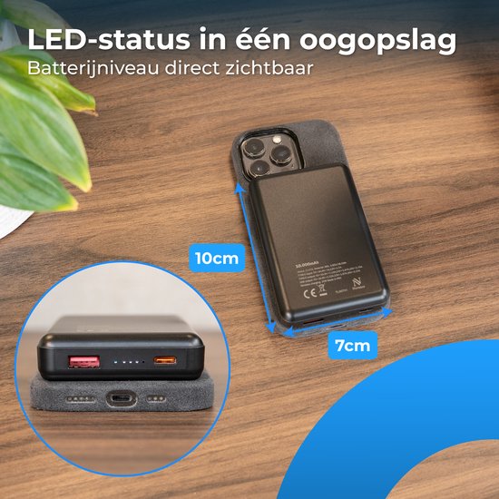 Nuvance Powerbank 10000 mAh - Geeignet für MagSafe - 15W Schnellladegerät - Wireless Powerbank - Usb-A 22.5W & Usb-C 20W - Schwarz