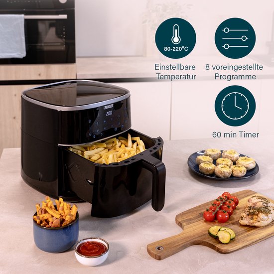 Princess Digitale Heißluftfritteuse 182238 - Mit höhenverstellbarem Grillrost - Groß 4 Liter - Schwarz - Digitaler Touchscreen - 8 Automatikprogramme