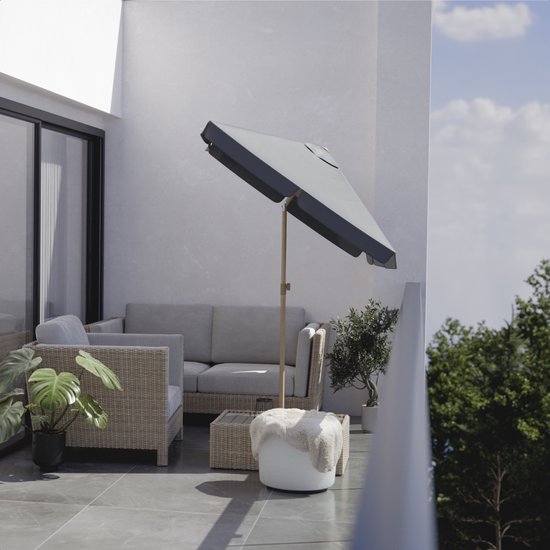 LifeGoods Sonnenschirm - Garten - Balkon Sonnenschirm - 200x125cm - 30° neigbar - Wasserdicht - UPF50+ - Holzbeschichtung - Dunkelgrau