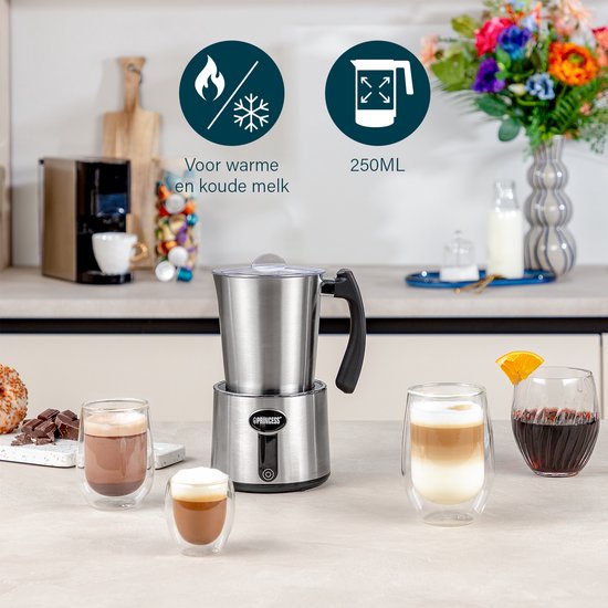 Princess Elektrischer Milchaufschäumer - PFAS BPA frei - Abnehmbare Edelstahlkanne - Spülmaschinenfest - Kochtrockenschutz - Temperaturregelung - Für kalten Schaum, heißen Schaum und Erhitzung - Matcha - Schokolade - Cappuccino - Latte - 3-in-1 - 243005