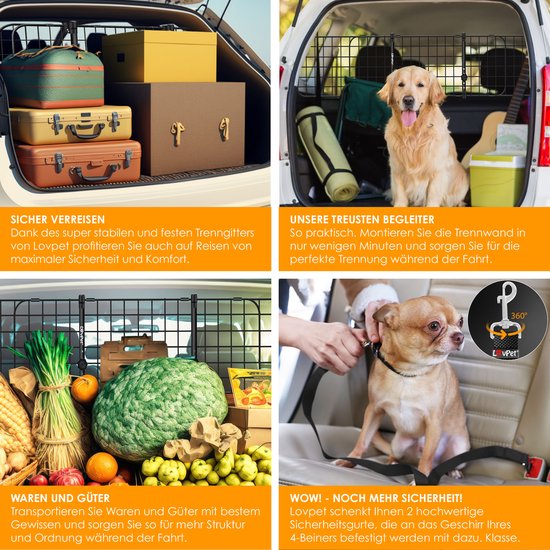 LovPet® Hundehalterung Auto, Universal-Autotrennwand, verstellbare Breite, Kopfstütze Gepäckablage Kofferraumschutz Abmessungen HxB 30 x 91-153 cm , + 2x Sicherheitsgurt für Hunde - Schwarz