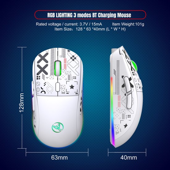 HXSJ T90 2.4G Silent Wireless Gaming Mouse - Bluetooth - Computermäuse - Ultraleicht - RGB-Beleuchtung - Weiß