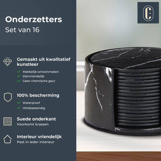 Castagnola Kunstleder-Untersetzer - Untersetzer für Gläser - Design-Untersetzer mit Halter - Leder-Untersetzer-Set - Leder - Set mit 16 Stück - Marmor-Look - Schwarz/Weiß