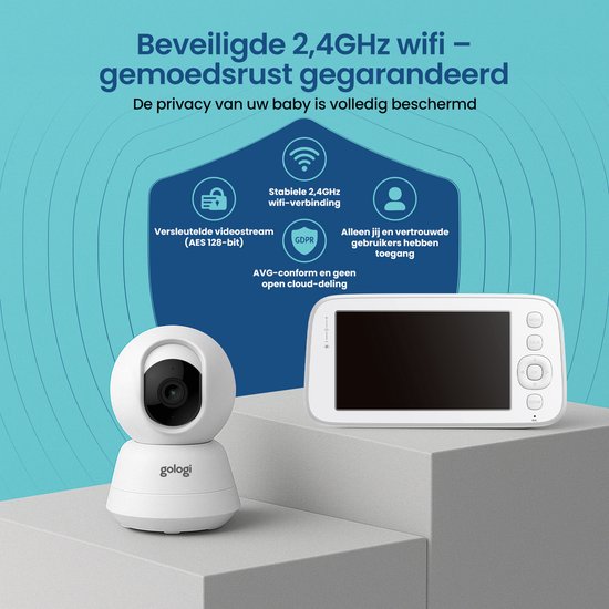 Gologi Babyphone mit Kamera - Babyphone - Babykamera - Ferngesteuert über App und Bildschirm - Weiß