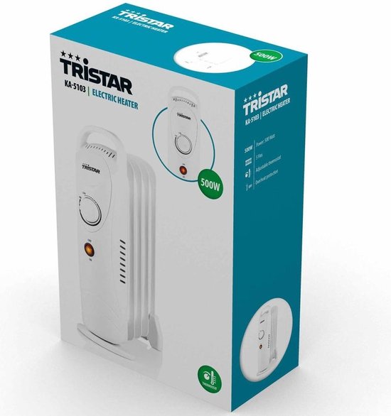 Tristar Elektroheizgerät KA-5103 - Ölgefüllter Heizkörper - 500 Watt - 5 Rippen - Kompakt - Weiß