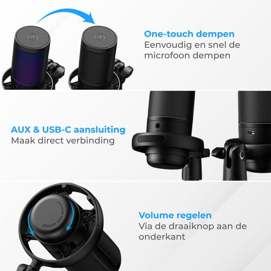 Nuvance - USB-Mikrofon mit Ständer - für PC- und Gaming-Mikrofon - mit Rauschfilter - inkl. USB-C-Konverter - Streaming-Mikrofon - RGB