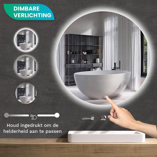 Mirlux Badezimmerspiegel - Rund 60 cm - LED-Beleuchtung & Heizung - Anti-Beschlag-Duschspiegel - Rahmenlos