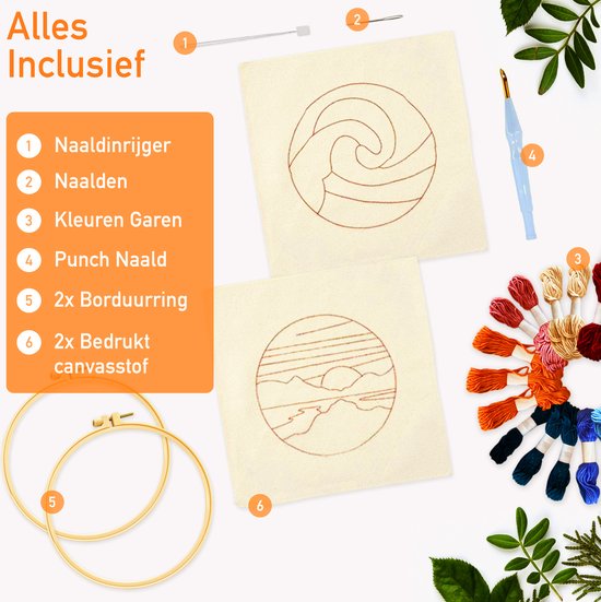 Happy Goods Punch Needle kit 2 designs SEA VIEW - Stickrahmen mit Sticknadeln und Stickgarn - 18 Farben Set - Komplettes kreatives Hobby vorgedrucktes Stickereiset für Erwachsene - Hobby