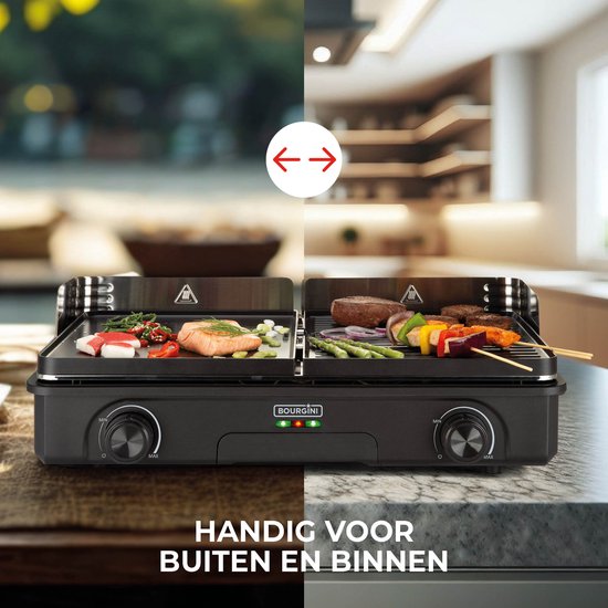 Bourgini Plancha Pure for 8 - Keramikbeschichtet (PFAS-frei) - Elektrisch - Gesundes Grillen - Backblech - Griddleplatte - Drehbare Grillplatte gerippt und flach