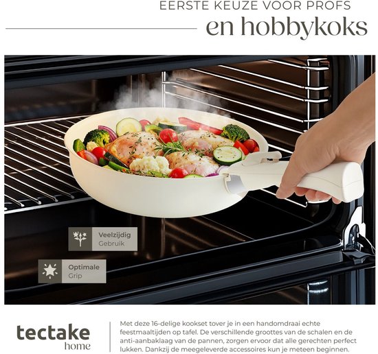 tectake® 16-teiliges modernes Pfannenset - 3 Bratpfannen - 2 Kochpfannen - Induktionsgeeignet - Inklusive Deckel, abnehmbare Griffe und Schutzkappen - Pfannen aus Aluminium mit keramischer Antihaftbeschichtung - Backofenfest bis 175° - Weiß