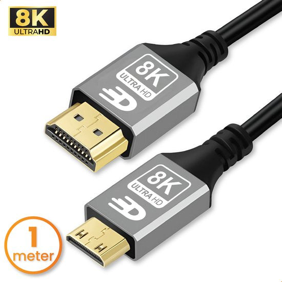 Drivv. Premium Mini HDMI zu HDMI Kabel 2.1 - 8K 60Hz / 4K 120Hz Ultra HD - 1 Meter - Grau - Geeignet für Kameras, Tablets und Laptops