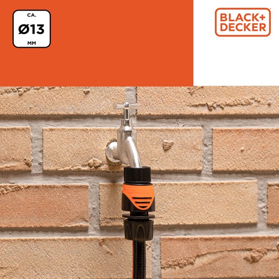 BLACK+DECKER Gartenschlauch-Kupplung 1/2'' - Gartenschläuche ⌀13mm - Integrierter Wasserstop - Kunststoff - Schwarz/Orange