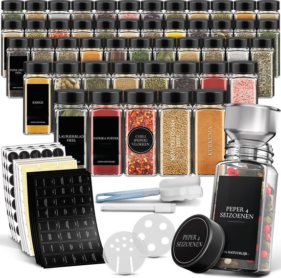 Soothe 48 Glasgewürzdosen quadratisch mit schwarzem Deckel - 2 Arten von Streudeckeln - Gewürzstreuer - Gewürzdosen - Komplettset inkl. Gewürzsticker, Kreidestift und Zubehör - 120ml