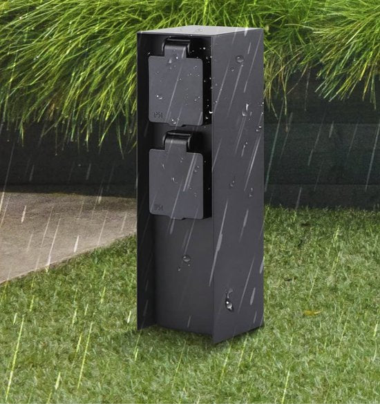 Luft Gartensteckdose - Auf Säule mit Seitenerdung - 2 Steckdosen - Gartenpfosten - Außen - Wasserdicht - Pfosten - Box - Kontakt - IP44 - Mattschwarz - Box - Mit - Steckdose