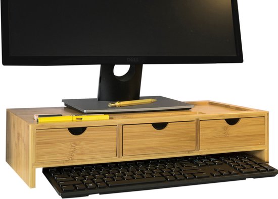 SoBuy BBF03-N Monitorständer Schreibtisch-Organizer mit 3 Schubladen - Bambus - 51x12x25cm